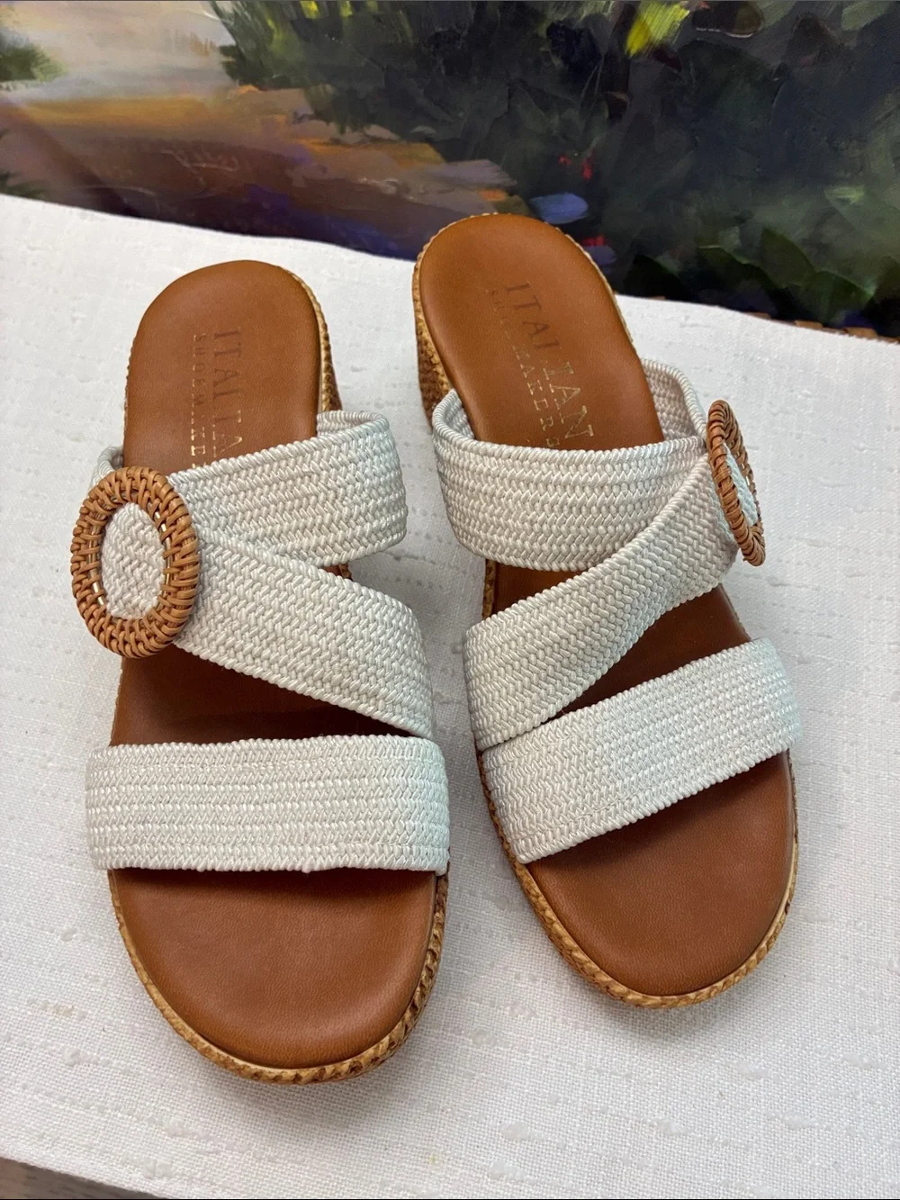 Italian Shoemakers Woven White Slide Wedge Sandals with Natural Raffia Accents - Picture 3 of 6